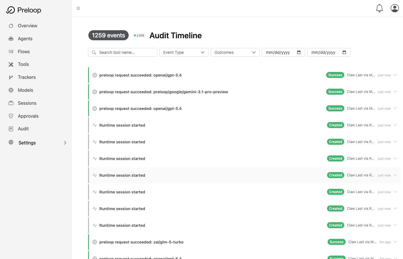Línea de tiempo de auditoría de Preloop con solicitudes a modelos y sesiones de runtime, con resultado y hora